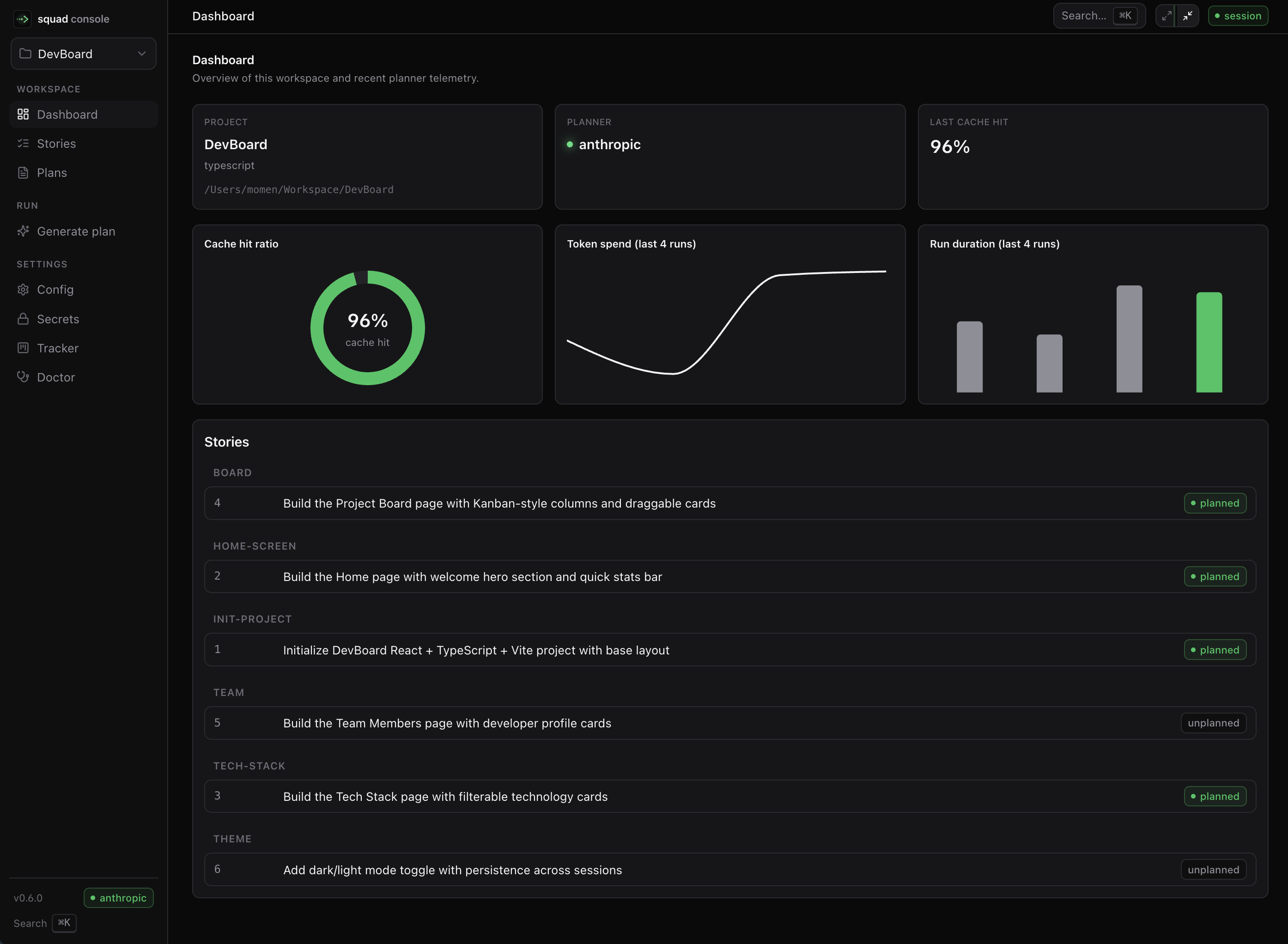 Dashboard with cache-hit ring and token sparkline